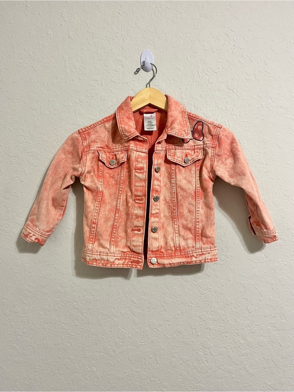 Disney Junior Minnie Mouse Girls Pink Acid Wash Denim Jean Jacket Size 5